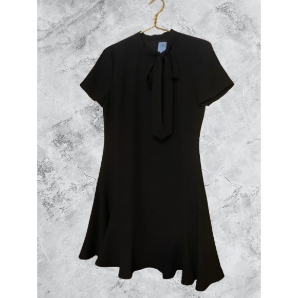 CeCe Black Tie Neck A-Line Dress Short Sleeve Crepe Career Cocktail Size 4 - Picture 2 of 7